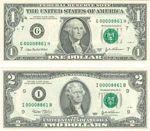 Pair of $1 and $2 notes with Low Matching Serial Numbers